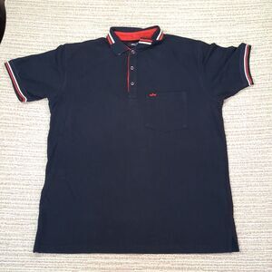 ARRAY JNS CO Mens XL Polo Shirt Navy Blue Red White Striped Pocket Short Sleeve